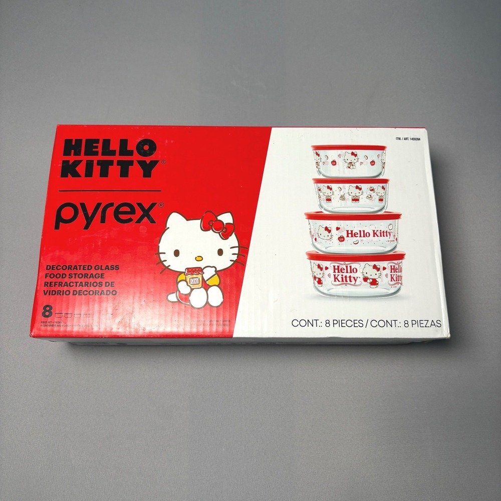 Hello Kitty Pyrex 8 Piece Glass Food Storage Set Red White 1459394 NEW